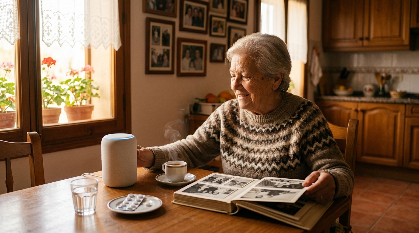 Mujer mayor en su cocina mediterránea conversando con el altavoz junto a un álbum de fotos y la pastilla del día