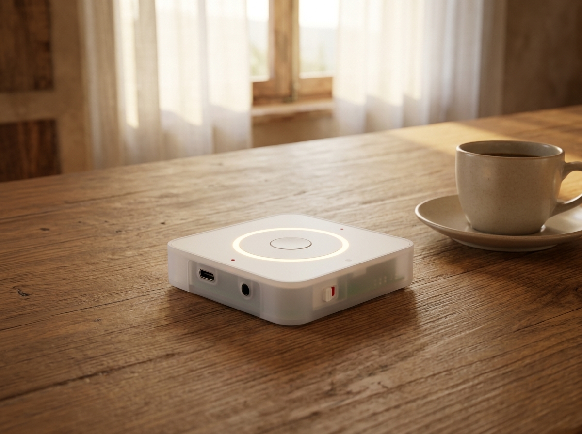 Brillemos Mini (basado en Home Assistant Voice Preview Edition) sobre mesa de cocina con luz cálida de mañana